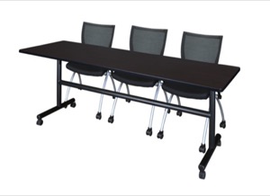 Kobe 84" Flip Top Mobile Training Table - Mocha Walnut & 3 Apprentice Chairs - Black