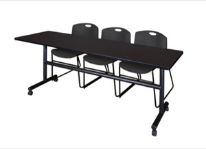 Kobe 84" Flip Top Mobile Training Table - Mocha Walnut & 3 Zeng Stack Chairs - Black