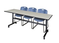 Regency Kobe 84 x 24 in. Flip-Top Training Nesting Table- Maple, 2 Zeng Stack Chairs- Blue