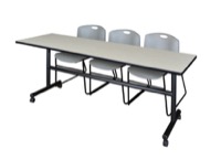 Regency Kobe 84 x 24 in. Flip-Top Training Nesting Table- Maple, 2 Zeng Stack Chairs- Grey