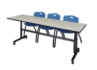 Regency Kobe 84 x 24 in. Flip-Top Training Nesting Table- Maple, 2 M Stack Chairs- Blue