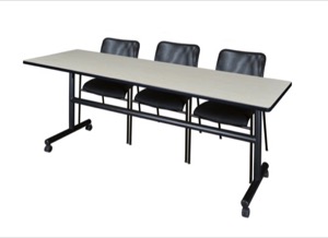 Kobe 84" Flip Top Mobile Training Table - Maple & 3 Mario Stack Chairs - Black