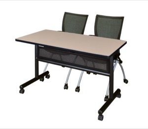48" x 24" Flip Top Mobile Training Table with Modesty Panel - Beige and 2 Apprentice Nesting Chairs