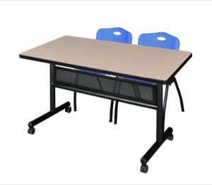 48" x 30" Flip Top Mobile Training Table with Modesty Panel - Beige and 2 "M" Stack Chairs - Blue