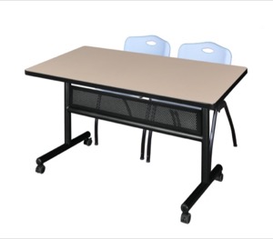 48" x 30" Flip Top Mobile Training Table with Modesty Panel - Beige and 2 "M" Stack Chairs - Grey