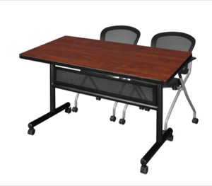 48" x 30" Flip Top Mobile Training Table with Modesty Panel - Cherry and 2 Cadence Nesting Chairs