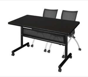 48" x 30" Flip Top Mobile Training Table with Modesty Panel - Mocha Walnut and 2 Apprentice Nesting Chairs