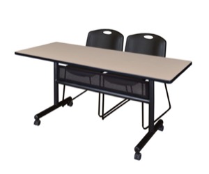 60" x 24" Flip Top Mobile Training Table with Modesty Panel - Beige and 2 Zeng Stack Chairs - Black