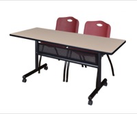60" x 24" Flip Top Mobile Training Table with Modesty Panel - Beige and 2 "M" Stack Chairs - Burgundy