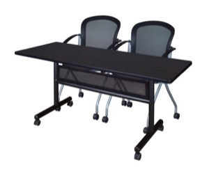 60" x 24" Flip Top Mobile Training Table with Modesty Panel - Mocha Walnut and 2 Cadence Nesting Chairs