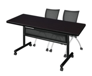 60" x 30" Flip Top Mobile Training Table with Modesty Panel - Mocha Walnut and 2 Apprentice Nesting Chairs
