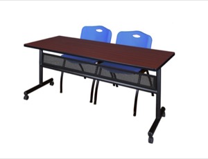 72" x 24" Flip Top Mobile Training Table with Modesty Panel - Mahogany and 2 "M" Stack Chairs - Blue