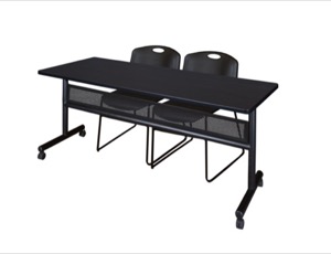 72" x 24" Flip Top Mobile Training Table with Modesty Panel - Mocha Walnut and 2 Zeng Stack Chairs - Black