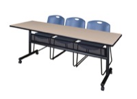 84" x 24" Flip Top Mobile Training Table with Modesty Panel - Beige and 3 Zeng Stack Chairs - Blue