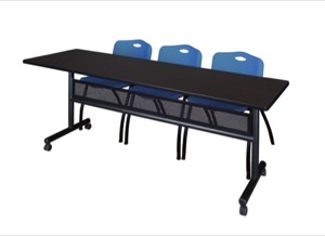 84" x 24" Flip Top Mobile Training Table with Modesty Panel - Mocha Walnut and 3 "M" Stack Chairs - Blue