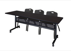 84" x 24" Flip Top Mobile Training Table with Modesty Panel - Mocha Walnut and 3 "M" Stack Chairs - Black