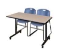 48" x 24" Kobe T-Base Mobile Training Table - Beige & 2 Zeng Stack Chairs - Blue