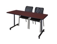 60" x 24" Kobe T-Base Mobile Training Table - Mahogany & 2 Mario Stack Chairs - Black