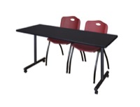 60" x 24" Kobe T-Base Mobile Training Table - Mocha Walnut & 2 'M' Stack Chairs - Burgundy