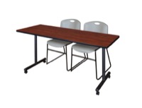 Regency Kobe 66 x 24 in. Mobile T-Base Training Table- Cherry, 2 Zeng Stack Chairs- Grey