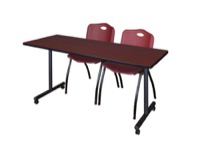 Regency Kobe 66 x 24 in. Mobile T-Base Training Table- Mahogany, 2 M Stack Chairs- Burgundy