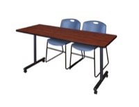 Regency Kobe 72 x 24 in. Mobile T-Base Training Table- Cherry, 2 Zeng Stack Chairs- Blue