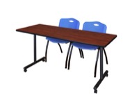 Regency Kobe 72 x 24 in. Mobile T-Base Training Table- Cherry, 2 M Stack Chairs- Blue