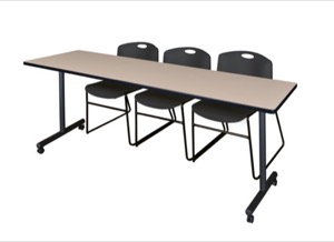84" x 24" Kobe T-Base Mobile Training Table - Beige & 3 Zeng Stack Chairs - Black