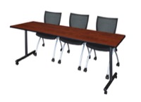 84" x 24" Kobe T-Base Mobile Training Table - Cherry & 3 Apprentice Chairs - Black