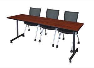 84" x 24" Kobe T-Base Mobile Training Table - Cherry & 3 Apprentice Chairs - Black