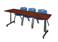 Regency Kobe 84 x 24 in. Mobile T-Base Training Table- Cherry, 2 M Stack Chairs- Blue