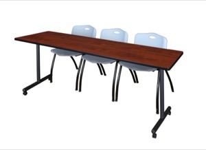 84" x 24" Kobe T-Base Mobile Training Table - Cherry & 3 'M' Stack Chairs - Grey