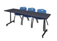 Regency Kobe 84 x 24 in. Mobile T-Base Training Table- Grey, 2 M Stack Chairs- Blue