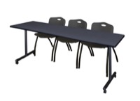 Regency Kobe 84 x 24 in. Mobile T-Base Training Table- Grey, 2 M Stack Chairs- Black