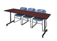 Regency Kobe 84 x 24 in. Mobile T-Base Training Table- Mahogany, 2 Zeng Stack Chairs- Blue