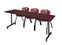 Regency Kobe 84 x 24 in. Mobile T-Base Training Table- Mahogany, 2 M Stack Chairs- Burgundy