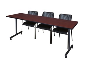 84" x 24" Kobe T-Base Mobile Training Table - Mahogany & 3 Mario Stack Chairs - Black