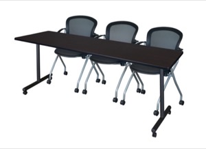 84" x 24" Kobe T-Base Mobile Training Table - Mocha Walnut & 3 Cadence Chairs - Black