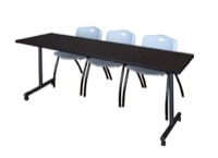 84" x 24" Kobe T-Base Mobile Training Table - Mocha Walnut & 3 'M' Stack Chairs - Grey