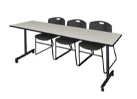 Regency Kobe 84 x 24 in. Mobile T-Base Training Table- Maple, 2 Zeng Stack Chairs- Black