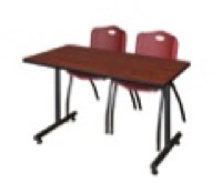 Regency Kobe 48 x 24 in. T-Base Training Seminar Table- Cherry, 2 M Stack Chairs- Burgundy