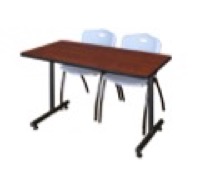 Regency Kobe 48 x 24 in. T-Base Training Seminar Table- Cherry, 2 M Stack Chairs- Grey