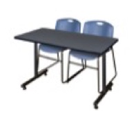Regency Kobe 48 x 24 in. T-Base Training Seminar Table- Grey, 2 Zeng Stack Chairs- Blue