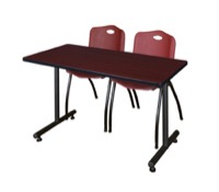 Regency Kobe 48 x 24 in. T-Base Training Seminar Table- Mahogany, 2 M Stack Chairs- Burgundy