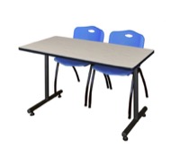 Regency Kobe 48 x 24 in. T-Base Training Seminar Table- Maple, 2 M Stack Chairs- Blue