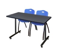 Regency Kobe 48 x 30 in. T-Base Training Seminar Table- Grey, 2 M Stack Chairs- Blue