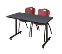Regency Kobe 48 x 30 in. T-Base Training Seminar Table- Grey, 2 M Stack Chairs- Burgundy