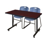 Regency Kobe 48 x 30 in. T-Base Training Seminar Table- Mahogany, 2 Zeng Stack Chairs- Blue