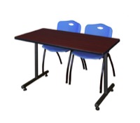 Regency Kobe 48 x 30 in. T-Base Training Seminar Table- Mahogany, 2 M Stack Chairs- Blue