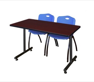48" x 30" Kobe Training Table - Mahogany and 2 "M" Stack Chairs - Blue